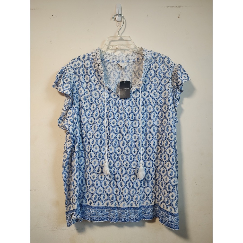 Lucky Brand Blue White Paisley Flutter Sleeve Tassel Tie Blouse Top 1X NEW